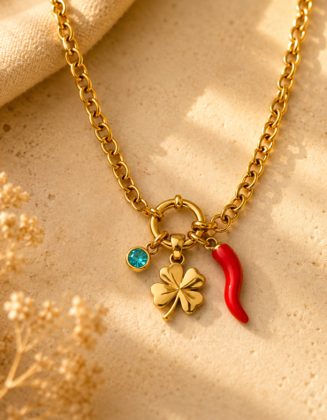 Stainless steel lucky charm necklace with four-leaf clover, red pepper charm and blue crystal