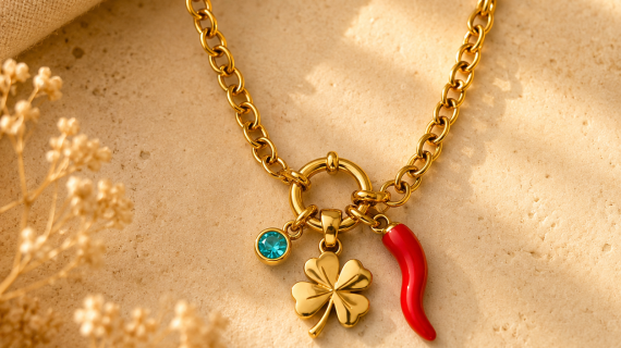 Stainless steel lucky charm necklace with four-leaf clover, red pepper charm and blue crystal