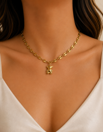 Stainless steel teddy bear necklace with polished flat link chain