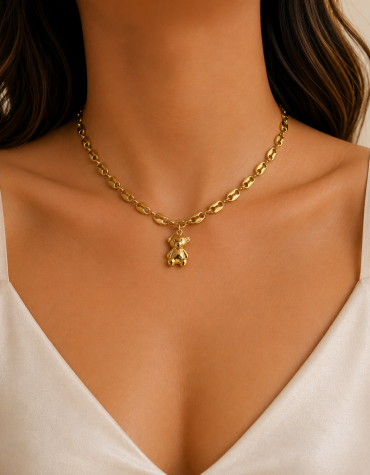 Stainless steel teddy bear necklace with polished flat link chain