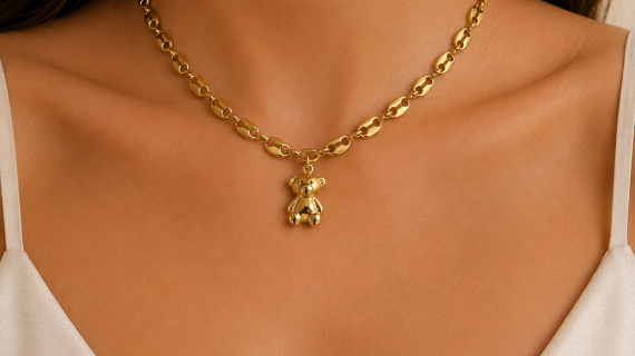 Stainless steel teddy bear necklace with polished flat link chain
