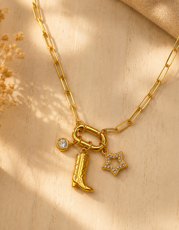 Stainless steel charm necklace with cowboy boot, star and crystal charms