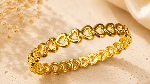 18K Gold Plated Open Heart Bracelet 7.5 Inch Stainless Steel